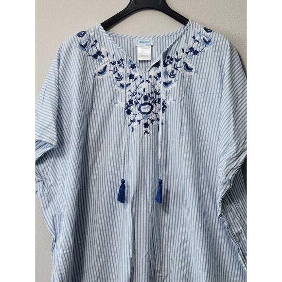 National Women's Maxi House Dress Blue Stripe Embroidered Kaftan one size - Picture 2 of 5